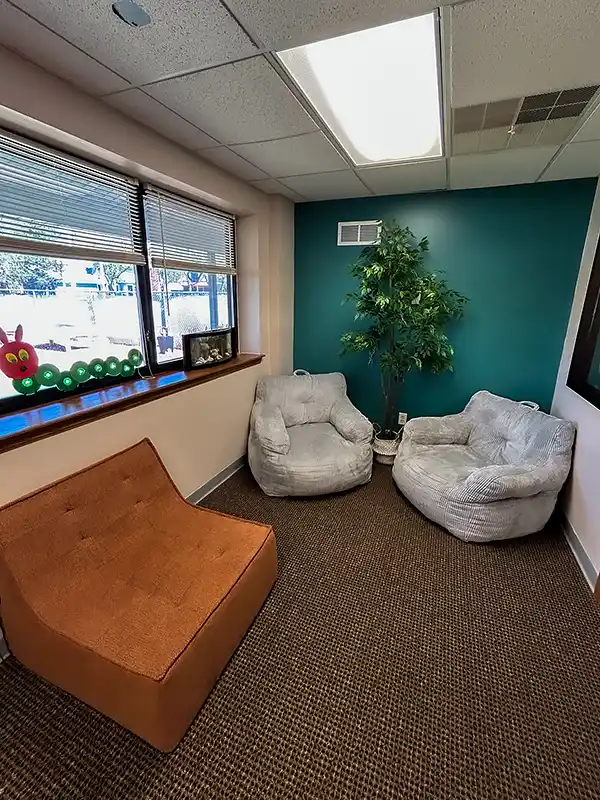 Cozy library lounge with soft chairs