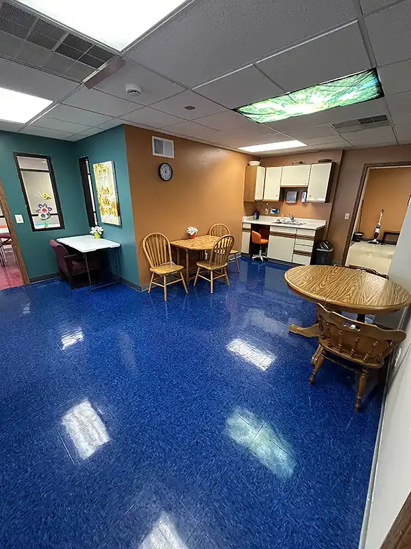 Dining and activity area with tables